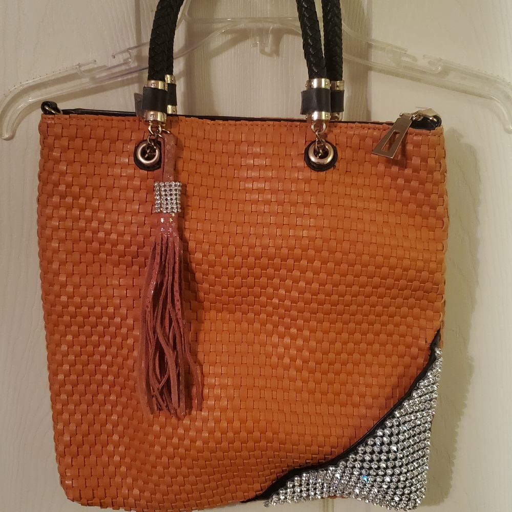 Orange and Black Textured Tote with Decorative Tassel